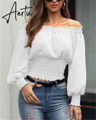 Aiertu Hot Off Shoulder Autumn Chiffon Shirts Top Lady Women Long Sleeve Shirt Slim Casual Solid White Blouses Aiertu