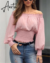 Aiertu Hot Off Shoulder Autumn Chiffon Shirts Top Lady Women Long Sleeve Shirt Slim Casual Solid White Blouses Aiertu