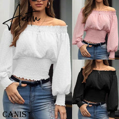 Aiertu Hot Off Shoulder Autumn Chiffon Shirts Top Lady Women Long Sleeve Shirt Slim Casual Solid White Blouses Aiertu