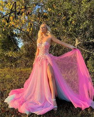 Aiertu Hot Pink Prom Dresses Sexy Strapless Embroidered Prom Dress Party Dresses 2024 Custom Dress Aiertu