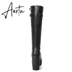 Aiertu Hot Sale Spring Autumn Lacing Knee High Boots Women Fashion White Square Heel Woman Leather Shoes Winter PU Large Size 43 Aiertu