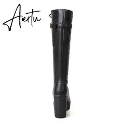 Aiertu Hot Sale Spring Autumn Lacing Knee High Boots Women Fashion White Square Heel Woman Leather Shoes Winter PU Large Size 43 Aiertu