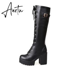 Aiertu Hot Sale Spring Autumn Lacing Knee High Boots Women Fashion White Square Heel Woman Leather Shoes Winter PU Large Size 43 Aiertu