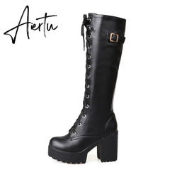 Aiertu Hot Sale Spring Autumn Lacing Knee High Boots Women Fashion White Square Heel Woman Leather Shoes Winter PU Large Size 43 Aiertu