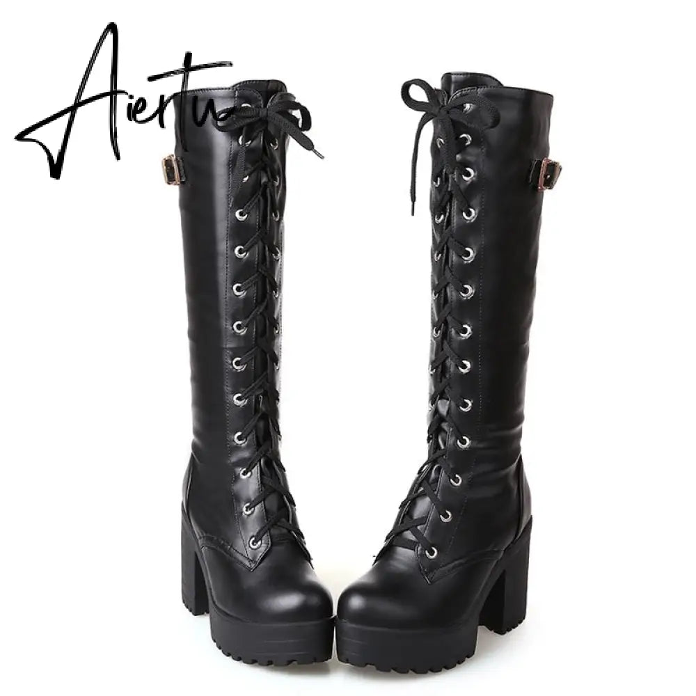 Aiertu Hot Sale Spring Autumn Lacing Knee High Boots Women Fashion White Square Heel Woman Leather Shoes Winter PU Large Size 43 Aiertu