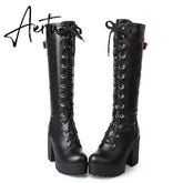 Aiertu Hot Sale Spring Autumn Lacing Knee High Boots Women Fashion White Square Heel Woman Leather Shoes Winter PU Large Size 43 Aiertu