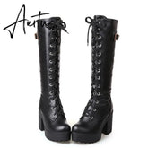 Aiertu Hot Sale Spring Autumn Lacing Knee High Boots Women Fashion White Square Heel Woman Leather Shoes Winter PU Large Size 43 Aiertu