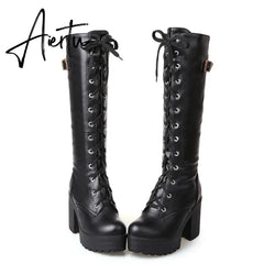 Aiertu Hot Sale Spring Autumn Lacing Knee High Boots Women Fashion White Square Heel Woman Leather Shoes Winter PU Large Size 43 Aiertu