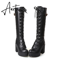 Aiertu Hot Sale Spring Autumn Lacing Knee High Boots Women Fashion White Square Heel Woman Leather Shoes Winter PU Large Size 43 Aiertu