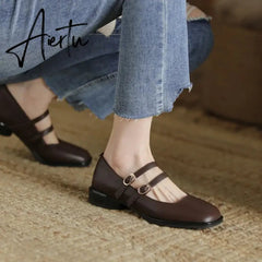 Aiertu HOT SALE Spring Fashion Women Shoes Round Toe Chunky Heel Shoes Women Cow Leather Low Heel Women Pumps Solid Retro Mary Janes Aiertu