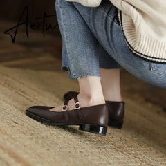 Aiertu HOT SALE Spring Fashion Women Shoes Round Toe Chunky Heel Shoes Women Cow Leather Low Heel Women Pumps Solid Retro Mary Janes Aiertu