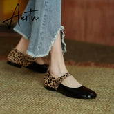 Aiertu HOT SALE Spring Women Pumps Patent Leather Round Toe Splicing Leopard Print One-line Buckle Low-heel Women Shoes Mary Jane Shoes Aiertu