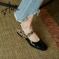 Aiertu HOT SALE Spring Women Pumps Patent Leather Round Toe Splicing Leopard Print One-line Buckle Low-heel Women Shoes Mary Jane Shoes Aiertu