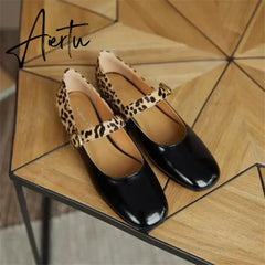 Aiertu HOT SALE Spring Women Pumps Patent Leather Round Toe Splicing Leopard Print One-line Buckle Low-heel Women Shoes Mary Jane Shoes Aiertu