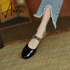 Aiertu HOT SALE Spring Women Pumps Patent Leather Round Toe Splicing Leopard Print One-line Buckle Low-heel Women Shoes Mary Jane Shoes Aiertu