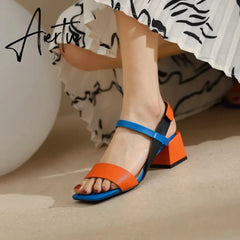 Aiertu HOT SALES Summer Sandals Women Open Toe Chunky Heel Women Shoes Narrow Band Mixed Colors High Heel Sandals Genuine Leather Shoes Aiertu