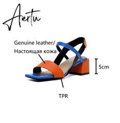Aiertu HOT SALES Summer Sandals Women Open Toe Chunky Heel Women Shoes Narrow Band Mixed Colors High Heel Sandals Genuine Leather Shoes Aiertu