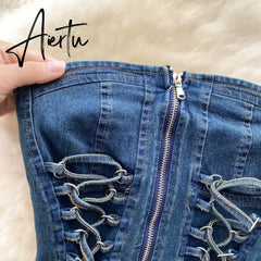 Aiertu Hotsweet Denim Two Pieces Sets Zipper Strapless Y2K Top+Elastic Mini Culottes Lace Up Cross Bandage Streetwear Suits Aiertu