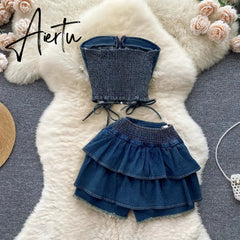 Aiertu Hotsweet Denim Two Pieces Sets Zipper Strapless Y2K Top+Elastic Mini Culottes Lace Up Cross Bandage Streetwear Suits Aiertu
