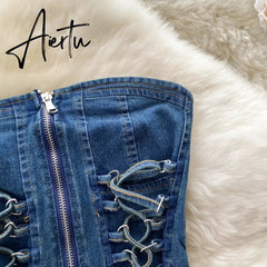 Aiertu Hotsweet Denim Two Pieces Sets Zipper Strapless Y2K Top+Elastic Mini Culottes Lace Up Cross Bandage Streetwear Suits Aiertu