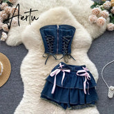 Aiertu Hotsweet Denim Two Pieces Sets Zipper Strapless Y2K Top+Elastic Mini Culottes Lace Up Cross Bandage Streetwear Suits Aiertu