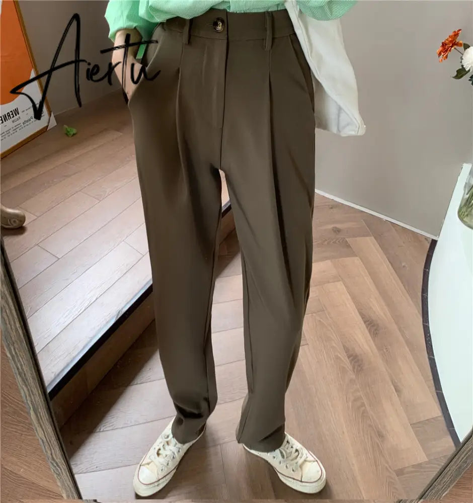 Aiertu HziriP Elegant Formal High Waist Harem Straight Pants Women Bottom New Autumn OL Solid Fashion Loose Suit Trousers Female Aiertu