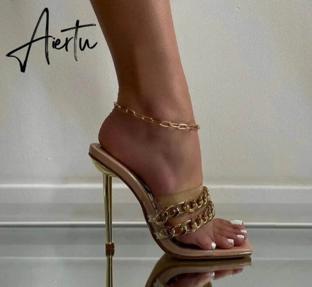 Aiertu Ins style Chains Transparent PVC Women Slippers Fashion Square toe stiletto High heels Mules Sandals Summer Female Slides Shoes Aiertu