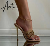 Aiertu Ins style Chains Transparent PVC Women Slippers Fashion Square toe stiletto High heels Mules Sandals Summer Female Slides Shoes Aiertu