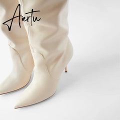 Aiertu Ins Women Real Leather Knee High Boots For Women Winter Shoes Sexy Party Thin Heel Boots Ladies Footwear Size 34-43 Aiertu