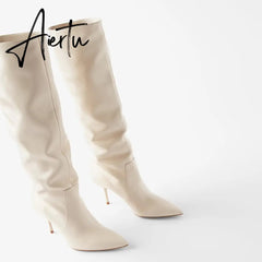 Aiertu Ins Women Real Leather Knee High Boots For Women Winter Shoes Sexy Party Thin Heel Boots Ladies Footwear Size 34-43 Aiertu