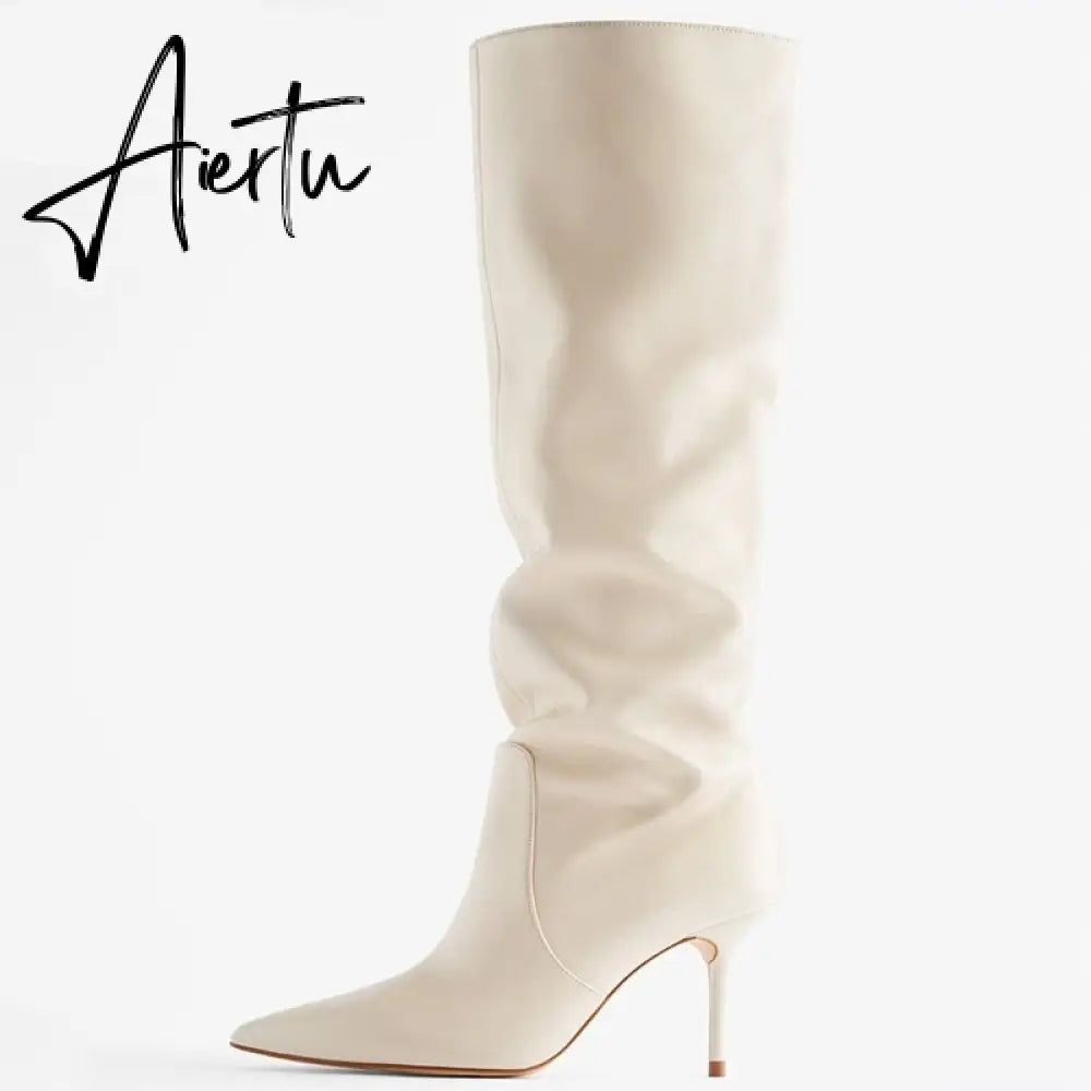 Aiertu Ins Women Real Leather Knee High Boots For Women Winter Shoes Sexy Party Thin Heel Boots Ladies Footwear Size 34-43 Aiertu