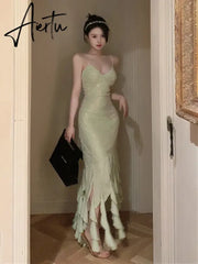 Aiertu Irregular Tassels Fishtail Evening Dress for Women Sleeveless V-neck Backless Glitter Sequin Long Dress Party Gown Aiertu