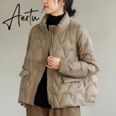 Aiertu Janveny Ultra Light Down Jacket Women Winter Stand Collar Feather Puffer Coat 90% White Duck Down Parkas Solid Color Outerwear Aiertu