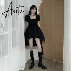 Aiertu Japanese Lolita Dark Girly Gothic Victorian Black Organza Square Neck Puff Sleeve Slim Dress Party Retro Dark Vintage Dresses Aiertu