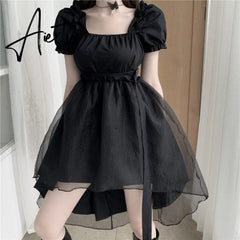 Aiertu Japanese Lolita Dark Girly Gothic Victorian Black Organza Square Neck Puff Sleeve Slim Dress Party Retro Dark Vintage Dresses Aiertu