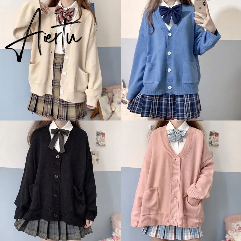 Aiertu Japanese style sweater spring autumn V-neck cotton knitted sweater JK uniform cardigan multicolor Cosplay women's wear Aiertu