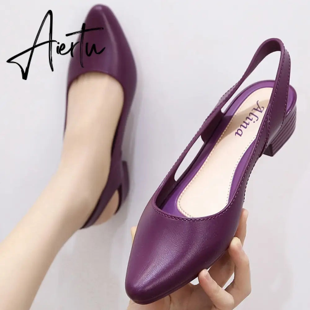 Aiertu Jelly Sandals Women Pointed Toe Chunky Med High Heels Flip Flops Slingback Casual Candy Skidproof Beach Shoes For Women Aiertu