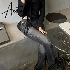Aiertu Karrram Vintage Distressed Low Waist Jeans Grunge Asymmetrical Waist Denim Pant Korean Fashion Black Flare Jeans Kpop Streetwear Aiertu