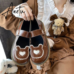 Aiertu Kawaii Lolita Shoes Lovely Bear Patchwork Zapatillas Mujer Girls Mary Janes PU Japanese Style Student Footwear Sweet Shoes Woman Aiertu