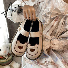 Aiertu Kawaii Lolita Shoes Lovely Bear Patchwork Zapatillas Mujer Girls Mary Janes PU Japanese Style Student Footwear Sweet Shoes Woman Aiertu