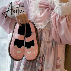Aiertu Kawaii Lolita Shoes Lovely Bear Patchwork Zapatillas Mujer Girls Mary Janes PU Japanese Style Student Footwear Sweet Shoes Woman Aiertu