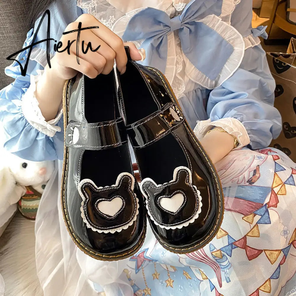 Aiertu Kawaii Lolita Shoes Lovely Bear Patchwork Zapatillas Mujer Girls Mary Janes PU Japanese Style Student Footwear Sweet Shoes Woman Aiertu