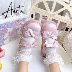 Aiertu Kawaii Lolita Shoes Party Fashion Japanese Style Cute Mary Janes Women Shoes Sweet Bow Tie Patchwork Buckle Ladies Footwear Aiertu
