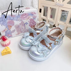 Aiertu Kawaii Lolita Shoes Party Fashion Japanese Style Cute Mary Janes Women Shoes Sweet Bow Tie Patchwork Buckle Ladies Footwear Aiertu