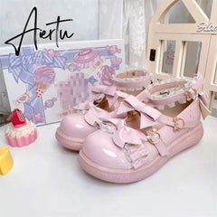 Aiertu Kawaii Lolita Shoes Party Fashion Japanese Style Cute Mary Janes Women Shoes Sweet Bow Tie Patchwork Buckle Ladies Footwear Aiertu