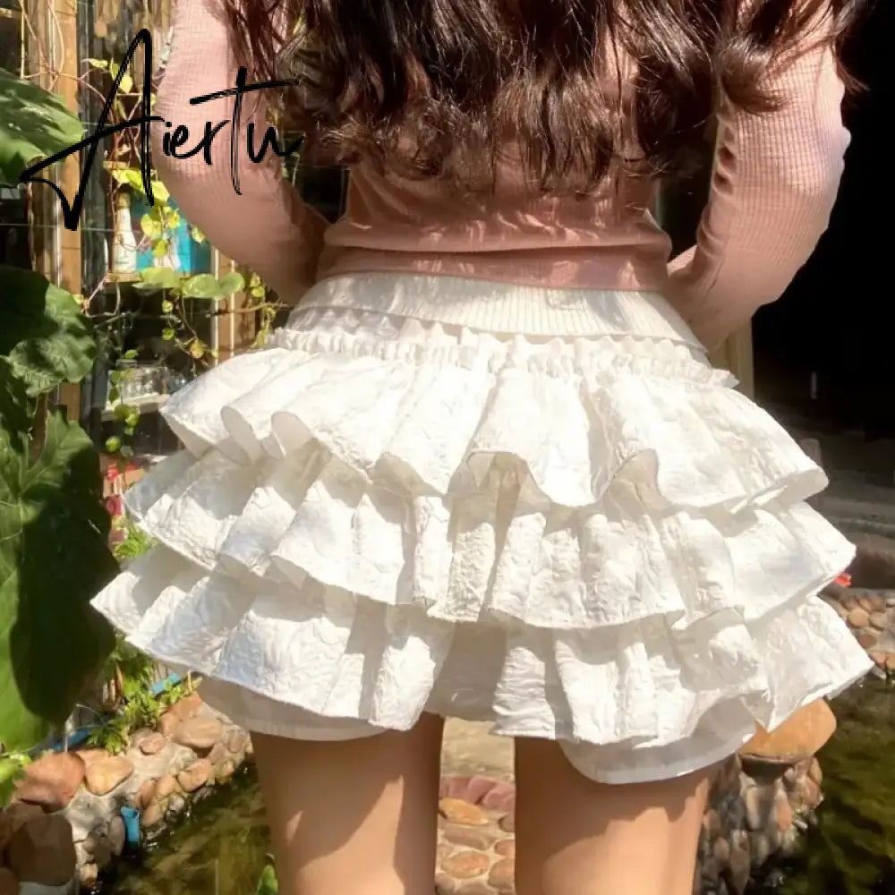 Aiertu Kawaii Lolita Skirt Shorts Women Summer Ruffle Patchwork Layered High Waist Cute Balletcore Mini Skirt Tutu Petticoat Aiertu