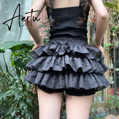 Aiertu Kawaii Lolita Skirt Shorts Women Summer Ruffle Patchwork Layered High Waist Cute Balletcore Mini Skirt Tutu Petticoat Aiertu