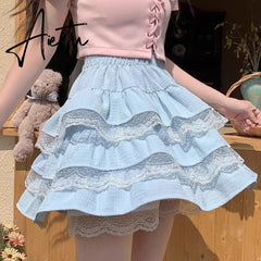 Aiertu Kawaii Lolita Skirt Women Cutecore High Waist A-line Lace Patchwork Cute Layered Ruffles Mini Skirt Summer Soft Girl Aiertu