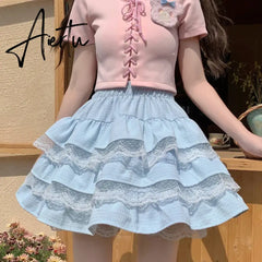 Aiertu Kawaii Lolita Skirt Women Cutecore High Waist A-line Lace Patchwork Cute Layered Ruffles Mini Skirt Summer Soft Girl Aiertu