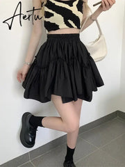 Aiertu Kawaii Mini Skirts Women White Fungus Patchwork Summer Sweet Cute Pleated Skirt Black Goth Lolita Preppy Style Y2k Aiertu